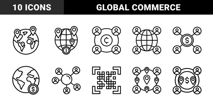 Global business line icon set. Vector pictograms of globe, people, currency, qr code, location pin, and financial network, thin outline illustration.