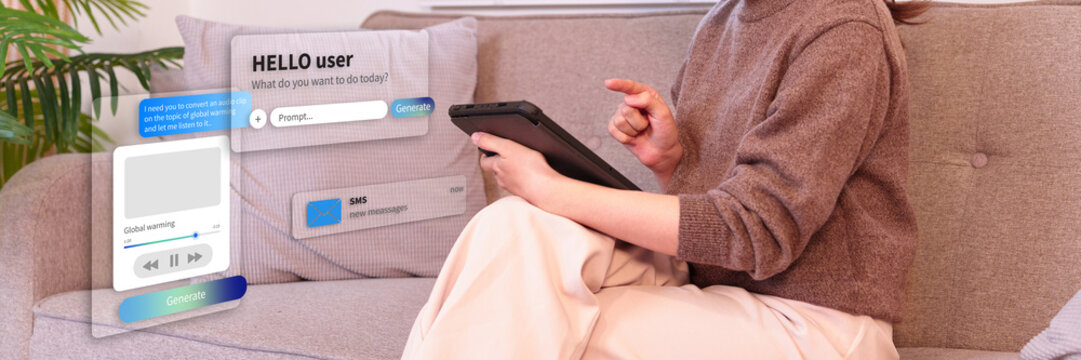 Woman uses tablet AI chatbot to generate audio from text prompt about global warming exploring modern generative technology for learning artificial intelligence chatbot audio generation