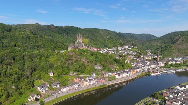 Cochem imperial castle, hilltop landmark on mountain, Moselle Valley, aerial view mosel river, Germany, middle age gothic monument, history