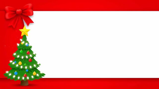 A festive red background with a white blank space, featuring a red bow and a decorated Christmas tree with colorful lights and a star. Christmas video background with wide copy space.