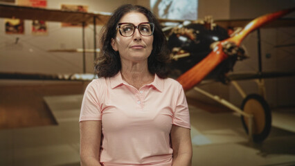 Middle age woman with glasses tilts head and looks up at vintage airplane propeller in museum...