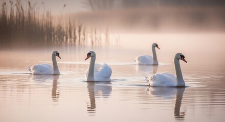 Graceful white swans gliding serenely across a tranquil misty lake at dawn
