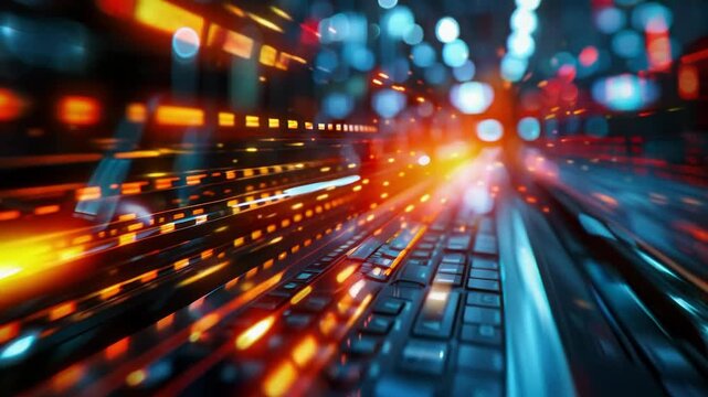 Glowing lines and blurred lights convey the dynamism of modern technology and the pace of the digital age, making them an ideal backdrop for presentations of innovative IT projects and start-ups.
