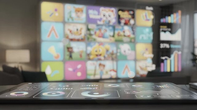 Kids content recommendation wall in a medium shot with vibrant icons and realtime viewer stats background softly out of focus to highlight the dashboard.