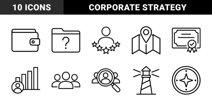Business and strategy line icon set. Vector pictograms of wallet, map, folder, certificate, graph, search, lighthouse, and compass, thin outline illustration.