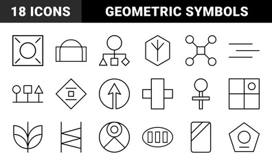 Fototapeta premium Abstract geometric line icon set. Vector pictograms of flowcharts, arrows, connectivity, plants, and data symbols, thin black outline illustration.