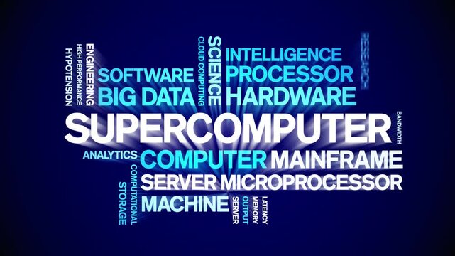 Supercomputer animated word cloud-text design animation tag kinetic typography seamless loop.