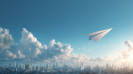 paper airplane flying toward bright sky over modern city skyline, white origami plane soaring through blue sky with fluffy clouds, inspirational paper craft airplane above urban cityscape at sunrise