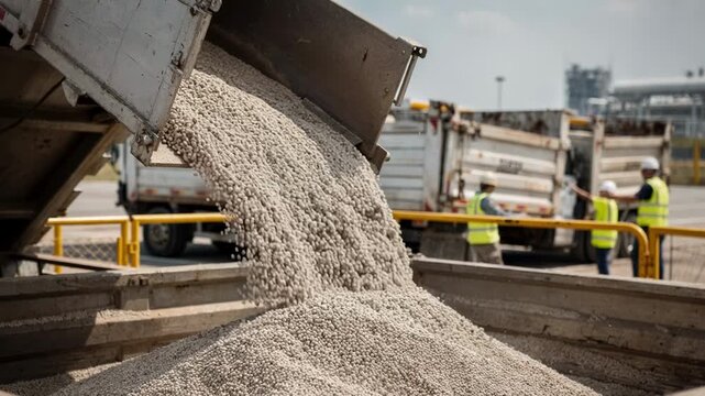 Medium shot capturing a partially open chute allowing a controlled steady discharge of pellets into waiting trucks highlighting flow regulation and operational safety.
