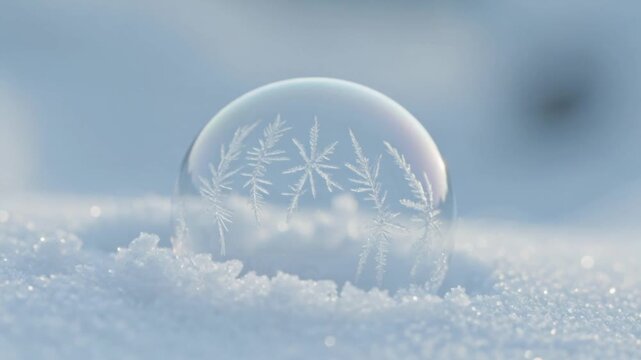 Frozen Soap Bubble on Snow with Intricate Ice Crystal Patterns Forming in Extreme Cold Weather.