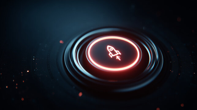 futuristic glowing launch button with rocket icon on digital interface, modern startup launch concept with red neon circular button, high-tech spaceship ignition switch in dark scifi hud display