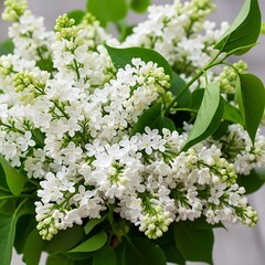 A bouquet of white lilacs with green leaves