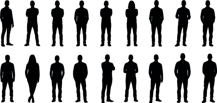 Collection of 14 black silhouettes of people standing in two rows on a white background