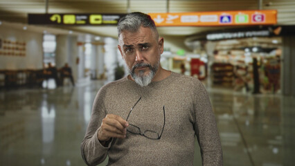 Man with gray beard looking away in airport terminal wearing sweater and upright posture  melancholy solitude. © Krakenimages.com