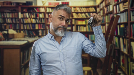 Man holding car keys up in right hand, thumb to chest with left hand, standing amid bookshelves in library  uncertainty reflection. © Krakenimages.com