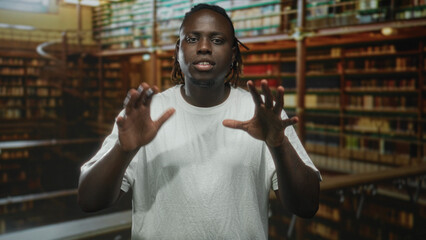 Young african american man gesturing with hands among library bookshelves in building  study learning contemplation. © Krakenimages.com