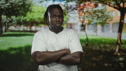 Fototapeta premium Young man with arms crossed in a park wearing white t shirt and dreadlocks facing camera; determination quiet strength.