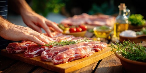 Obraz premium Hands preparing raw pork ribs with rosemary, tomatoes, and olive oil for grilling