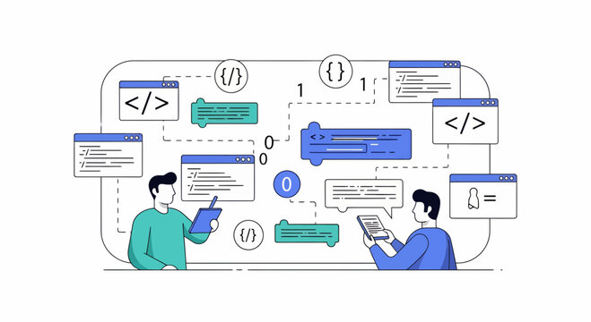 Two Developers Discuss Coding on Infographic with Tablets in a Clean Tech Workshop
