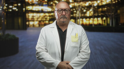 Obraz premium Man doctor in white coat with pens in pocket stands with hands clasped before illuminated office building at night; professional concern.
