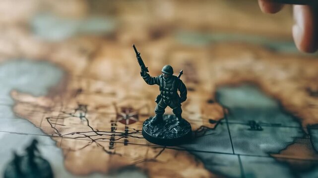 Hand positioning miniature soldier on world map during strategy board game, highlighting tactical planning and competitive decision making in complex military simulation