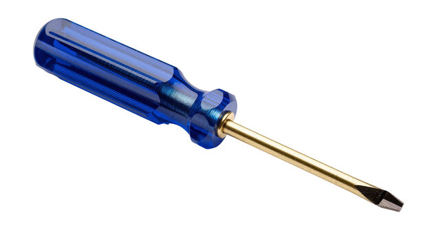 Isolated professional quality flathead screwdriver with a vibrant blue translucent handle.