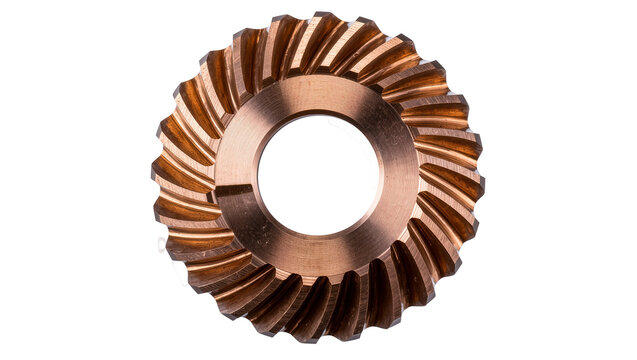 Isolated bronze helical gear wheel, a vital precisely engineered mechanical component.