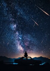 Fototapeta premium Woman sitting on car roof and watching meteor shower in night sky. Milky way galaxy above mountain silhouette. Stargazing, travel and freedom, mindfulness, cosmic wonder and adventure.