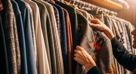 Obraz premium Woman shopping in clothing store and choosing blazer with flower pattern from rack. Customer looking for apparel in boutique. Fashion retail, garment selection and personal style concept.