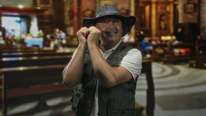 Man fisherman, senior hispanic, clasping fists near face wearing wide brim hat and fishing vest inside building with pews and altar visible; quiet wonder.