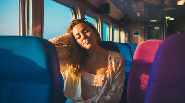 Young woman travel by train with eyes closed face bathed in golden sunset light. Serene female passenger commute by railway carriage window