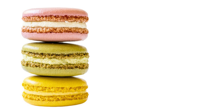 Isolated delicious stack of colorful macarons dessert, sweet French patisserie treat