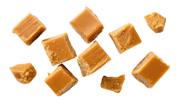 Isolated golden caramel candy pieces and sweet fudge chunks scattered. Delicious dessert snack.