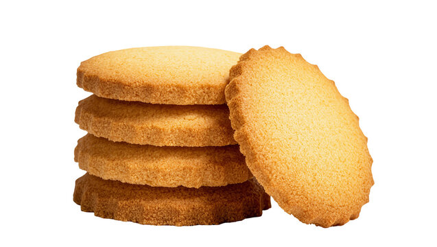 Isolated stack of delicious golden butter cookies with one ridged shortbread biscuit