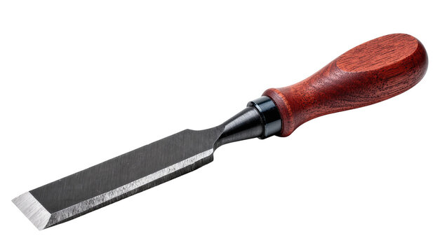 Isolated Sharp Metal Chisel Tool with a Reddish Brown Wood Handle for Woodwork
