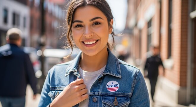 Woman wearing I voted sticker on clothes. Happy young female after participation in election. Civic duty and democracy concept. Representative of modern society expressing political opinion.