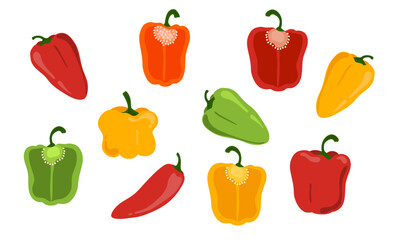 Fototapeta premium Sweet pepper vector set. Fresh whole and sliced bell peppers in red, yellow, orange, and green colors for healthy food branding. Simple flat illustration for culinary design