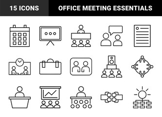 Fototapeta premium Business meeting and corporate communication icon set. Vector pictograms of presentation, calendar, office chart, team collaboration and seminar, line illustration.
