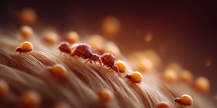 Extreme close-up of tiny red mites crawling on fine strands of hair with soft bokeh background