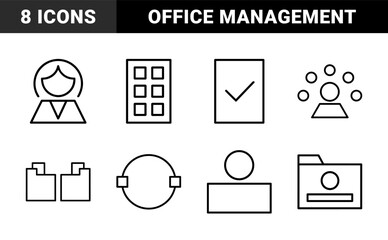 Fototapeta premium Business and office management line icon set. Vector pictograms of building, user, checklist, networking, folder, and smartphone, thin outline illustration.