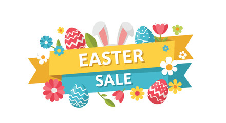 Easter sale banner featuring decorated eggs, bunny elements, and bold promotional typography space in flat solid color vector style © Amie
