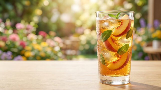 Refreshing Peach Iced Tea with Mint and Ice on a Wooden Table Outdoors