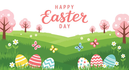 Rolling hills, blooming trees, butterflies, and decorated Easter eggs arranged in fresh spring landscape in modern flat solid color vector style © Amie