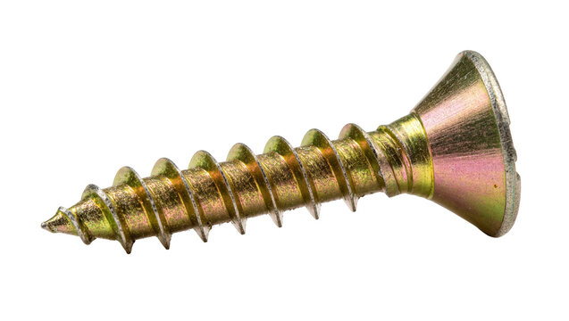 Isolated golden metal self-tapping wood screw with coarse threads and countersunk head