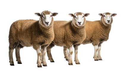 Isolated three beautiful brown woolly sheep standing side by side, looking directly at camera © Corman