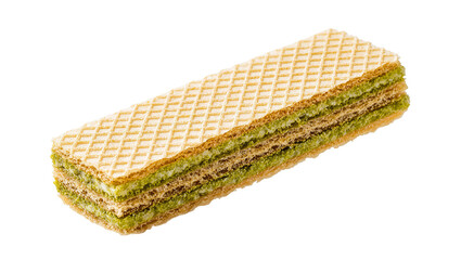 Fototapeta premium Isolated crispy multi-layered wafer with sweet green cream filling, delicious dessert.