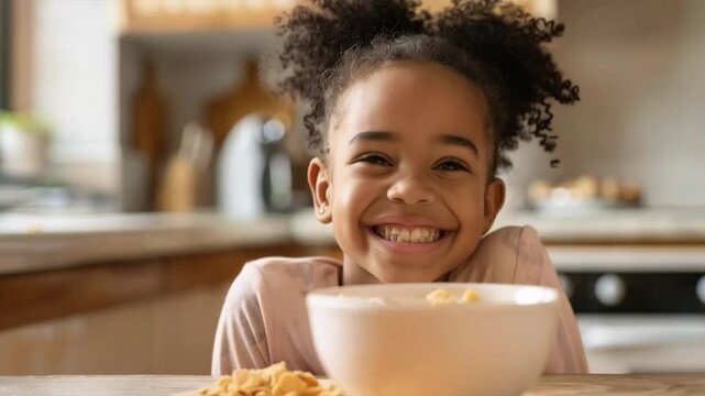 A cheerful little girl smiles over a bowl of cereal, conveying a sense of family happiness that would make a perfect warm backdrop for an advert for baby food.
