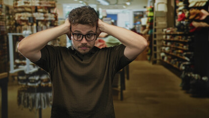 Fototapeta premium Man covering ears with hands in building clothing store aisle, glasses visible, bare forearms and hands prominent; frustration overwhelm.