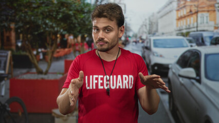 Fototapeta premium Man lifeguard in red shirt with whistle and hands extended reaching forward on street; duty vigilance.