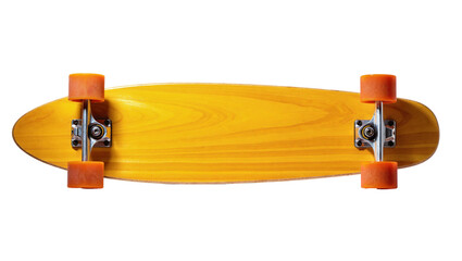 Isolated retro wooden longboard skateboard with vibrant orange wheels and silver trucks. © Corman